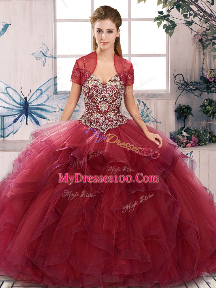 Decent Burgundy Off The Shoulder Lace Up Beading and Ruffles Sweet 16 Dress Sleeveless