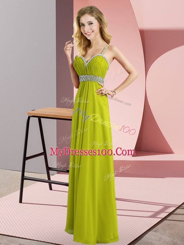 Beading Military Ball Gowns Olive Green Criss Cross Sleeveless Floor Length