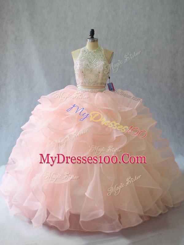 Suitable Halter Top Sleeveless Quinceanera Dress Brush Train Beading and Ruffles Peach Organza