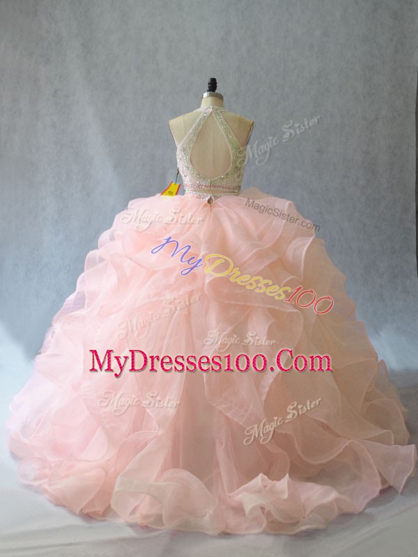 Suitable Halter Top Sleeveless Quinceanera Dress Brush Train Beading and Ruffles Peach Organza