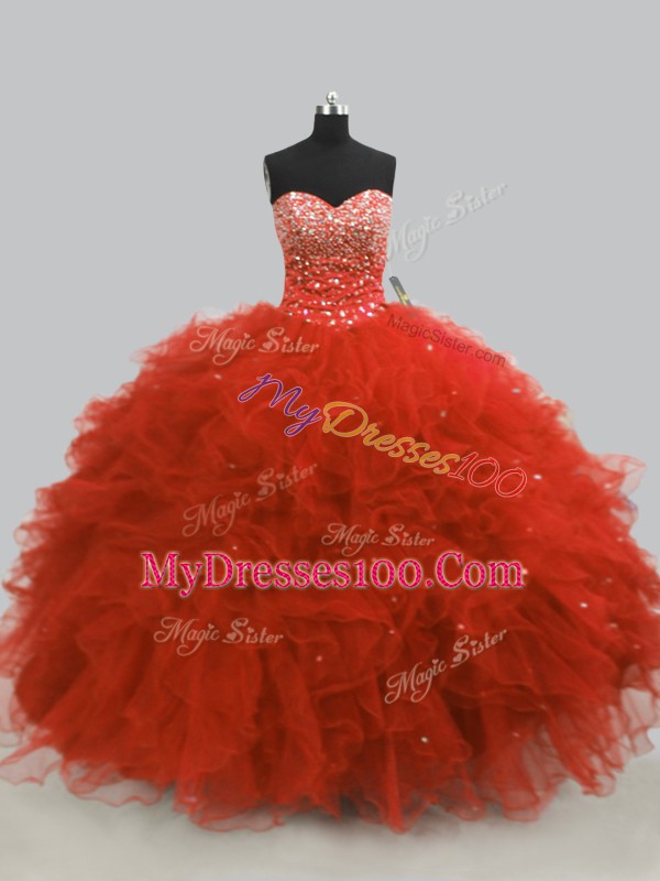 Graceful Rust Red Sweetheart Lace Up Beading and Ruffles Ball Gown Prom Dress Sleeveless