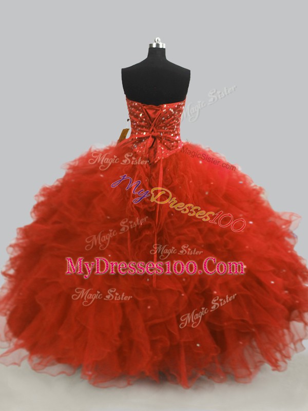 Graceful Rust Red Sweetheart Lace Up Beading and Ruffles Ball Gown Prom Dress Sleeveless