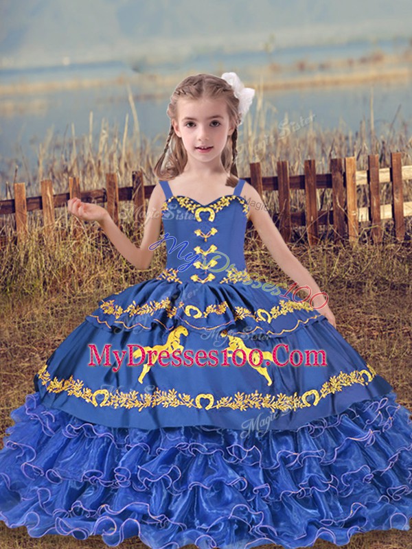Hot Selling Blue Ball Gowns Organza Straps Sleeveless Beading and Embroidery and Ruffled Layers Floor Length Lace Up Pageant Gowns For Girls