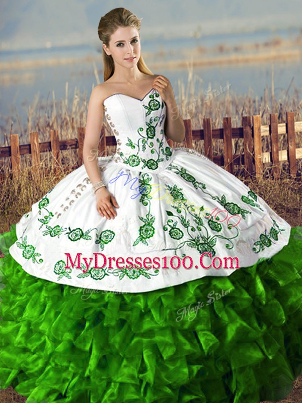 Beautiful Green Organza Lace Up Sweetheart Sleeveless Floor Length Quinceanera Gown Embroidery and Ruffles