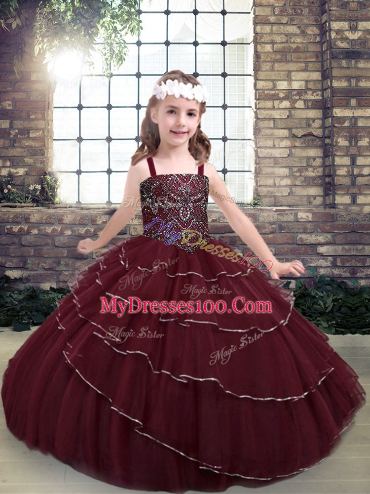 Excellent Ball Gowns Little Girls Pageant Dress Wholesale Burgundy Straps Tulle Sleeveless Floor Length Lace Up