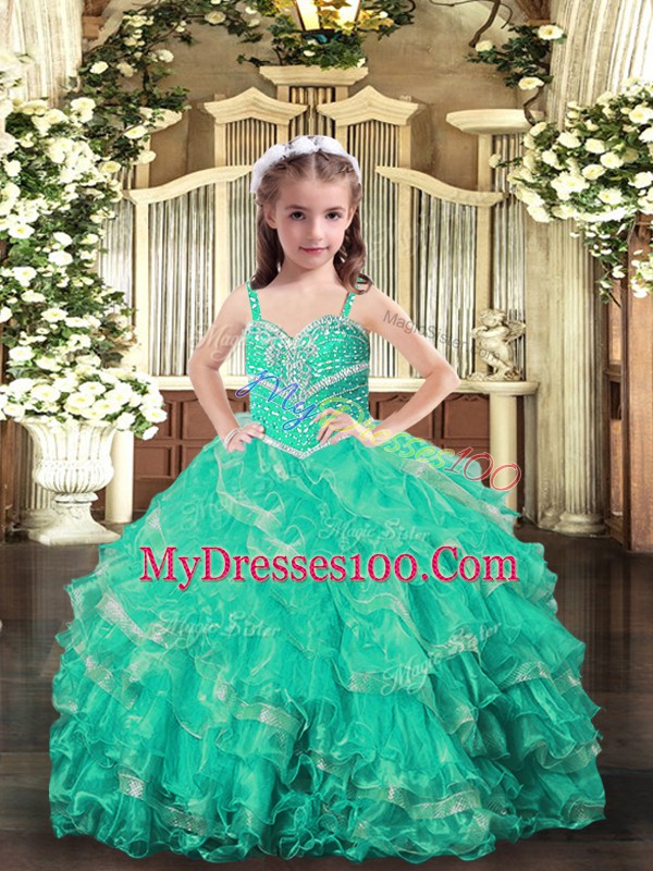 Latest Turquoise Organza Lace Up Straps Sleeveless Floor Length Girls Pageant Dresses Beading and Ruffles