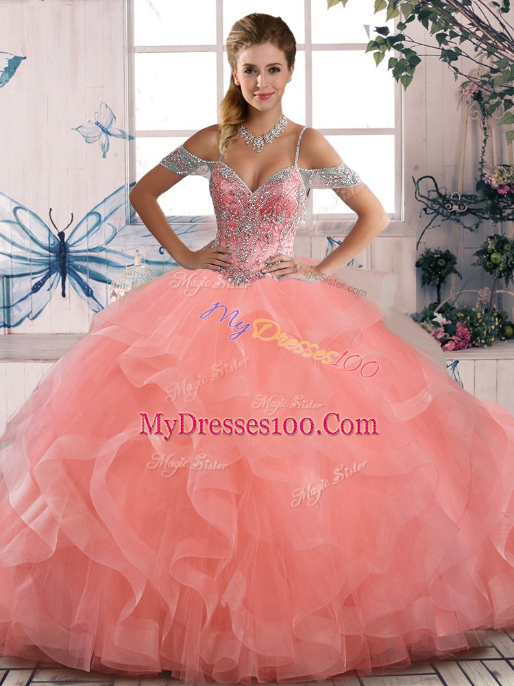 Best Beading and Ruffles Quinceanera Gowns Peach Lace Up Sleeveless Floor Length
