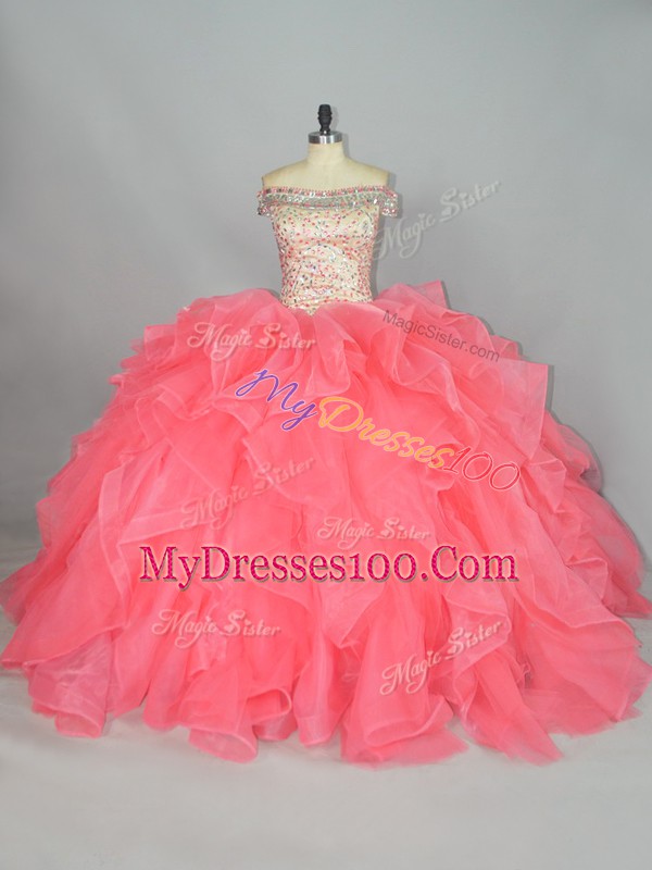 Floor Length Watermelon Red Quinceanera Dresses Organza Sleeveless Beading and Ruffles
