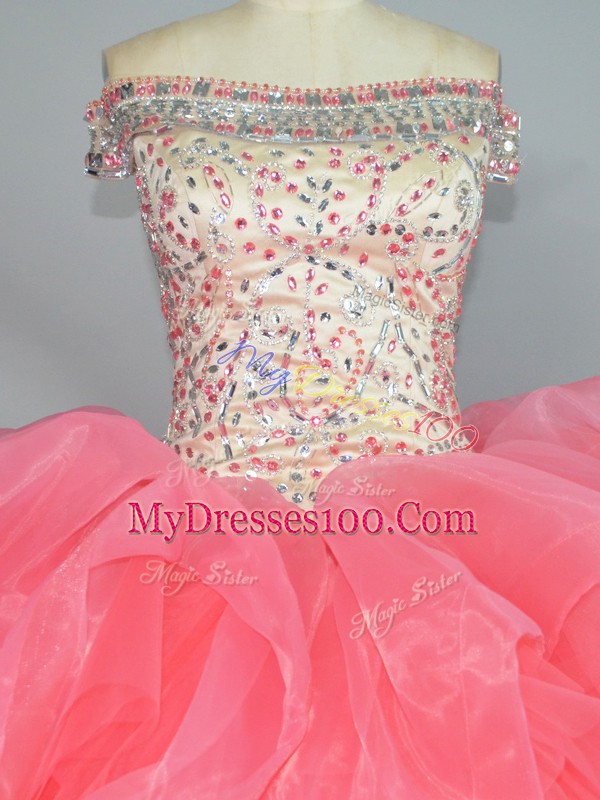 Floor Length Watermelon Red Quinceanera Dresses Organza Sleeveless Beading and Ruffles