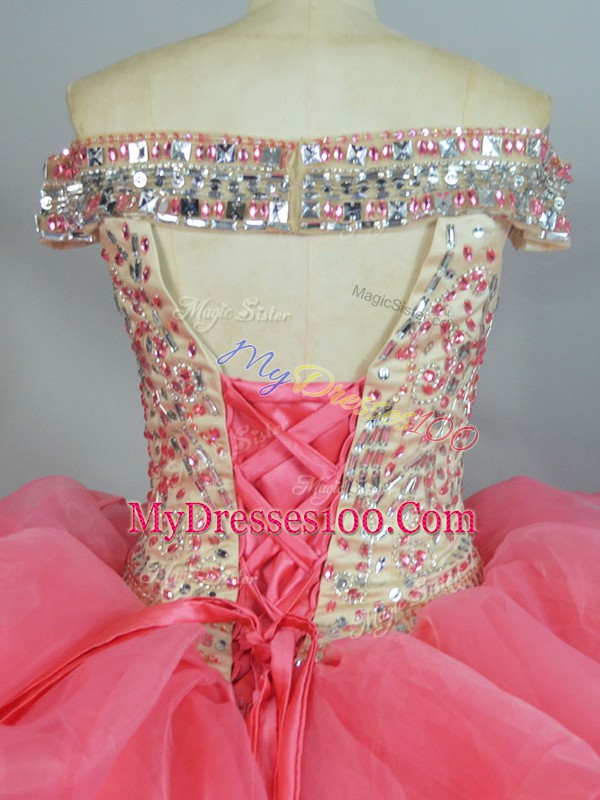 Floor Length Watermelon Red Quinceanera Dresses Organza Sleeveless Beading and Ruffles