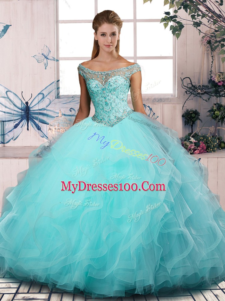 Aqua Blue Sleeveless Floor Length Beading and Ruffles Lace Up 15 Quinceanera Dress
