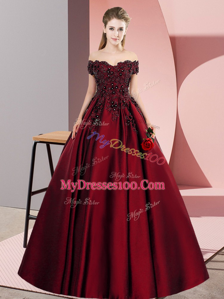 Wine Red Off The Shoulder Zipper Lace 15 Quinceanera Dress Sleeveless