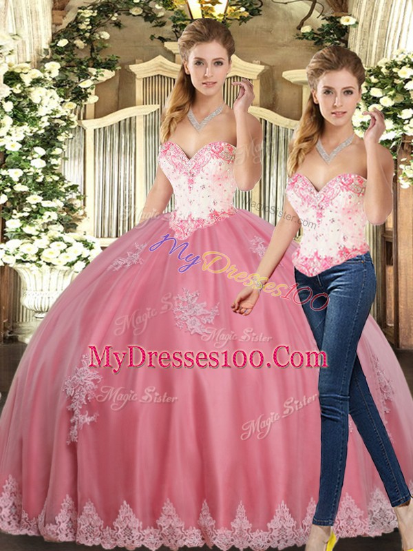 Watermelon Red Sleeveless Floor Length Beading and Appliques Lace Up Sweet 16 Dress