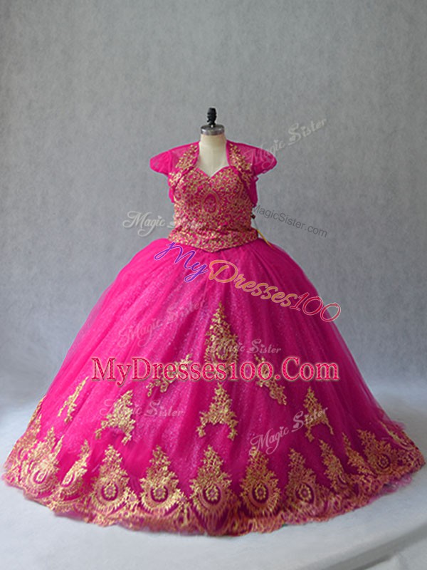 Edgy Hot Pink Ball Gowns Tulle Sweetheart Sleeveless Appliques Lace Up Quinceanera Dresses Court Train