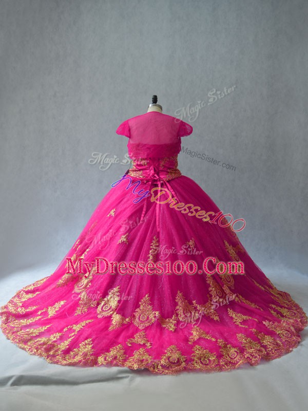 Edgy Hot Pink Ball Gowns Tulle Sweetheart Sleeveless Appliques Lace Up Quinceanera Dresses Court Train