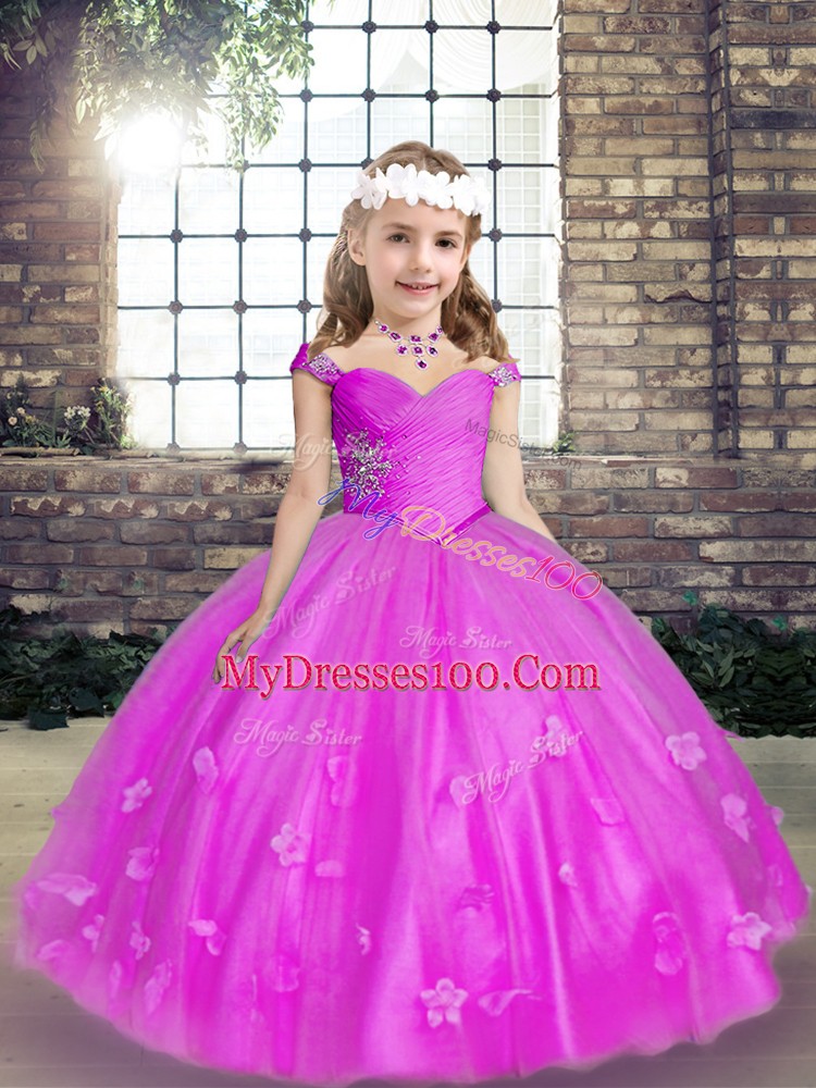 Floor Length Ball Gowns Sleeveless Fuchsia Evening Gowns Lace Up