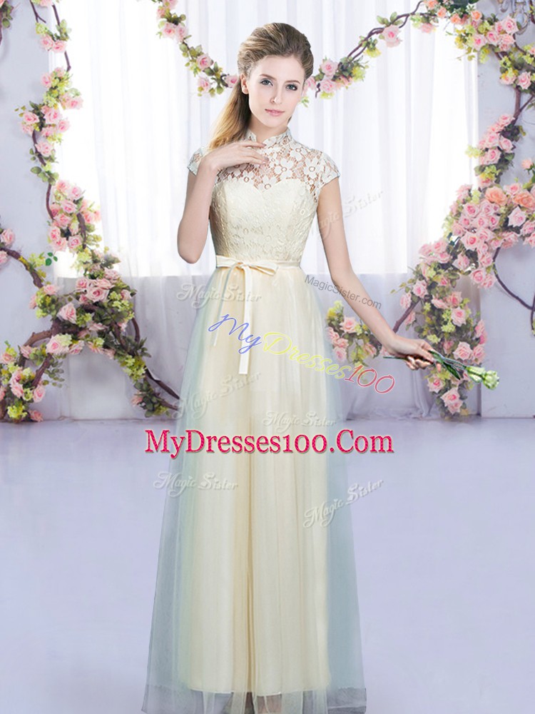 Custom Designed Empire Wedding Party Dress Champagne High-neck Tulle Cap Sleeves Floor Length Zipper