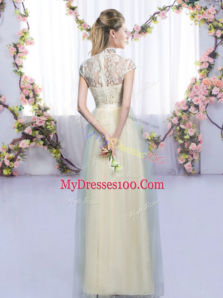 Custom Designed Empire Wedding Party Dress Champagne High-neck Tulle Cap Sleeves Floor Length Zipper