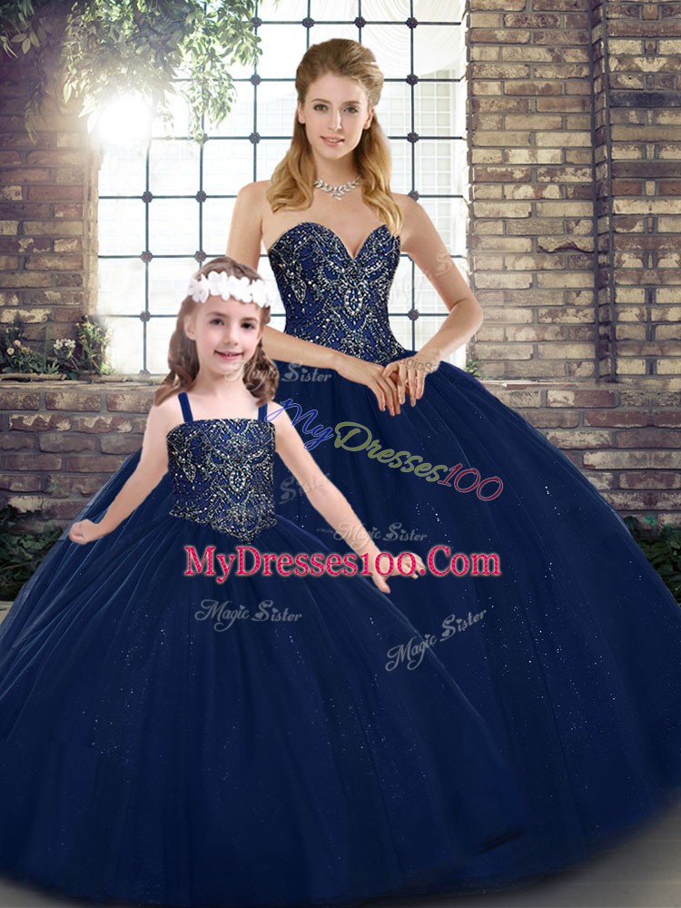 Navy Blue Sleeveless Beading Floor Length Sweet 16 Dresses