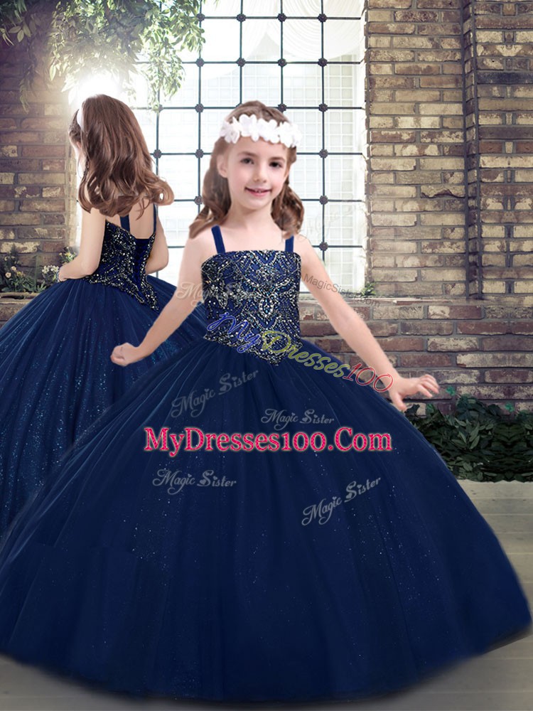 Navy Blue Sleeveless Beading Floor Length Sweet 16 Dresses