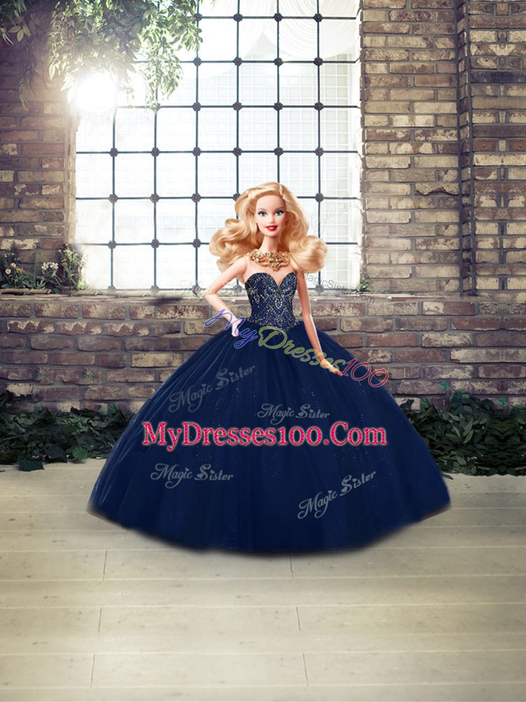 Navy Blue Sleeveless Beading Floor Length Sweet 16 Dresses