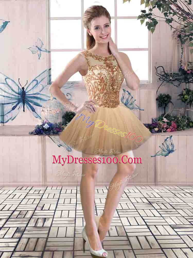 Custom Designed Scoop Sleeveless Vestidos de Quinceanera Floor Length Beading Gold Tulle