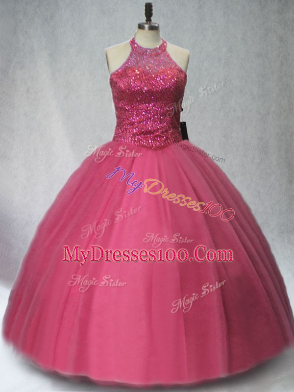 Custom Fit Ball Gowns 15 Quinceanera Dress Red Halter Top Tulle Sleeveless Floor Length Lace Up