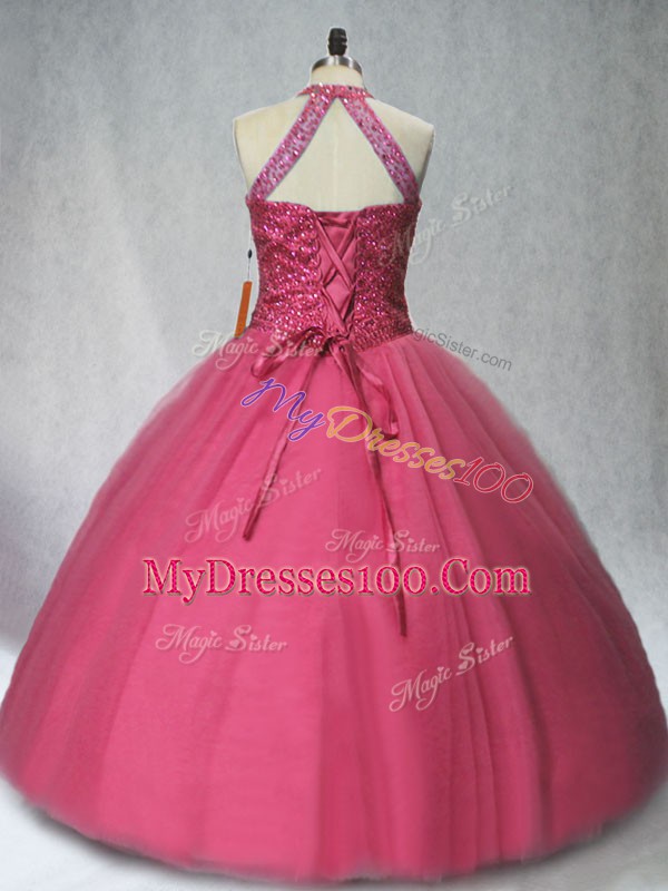 Custom Fit Ball Gowns 15 Quinceanera Dress Red Halter Top Tulle Sleeveless Floor Length Lace Up