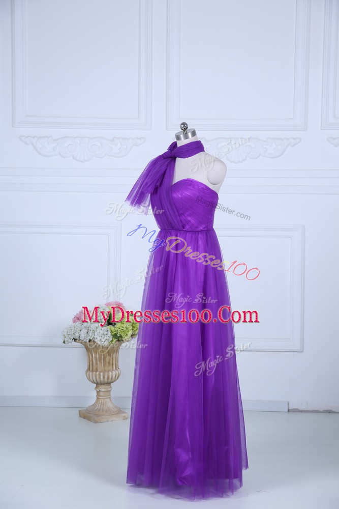 Chic Eggplant Purple Sleeveless Floor Length Ruching Zipper Bridesmaid Dress