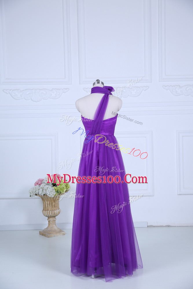 Chic Eggplant Purple Sleeveless Floor Length Ruching Zipper Bridesmaid Dress