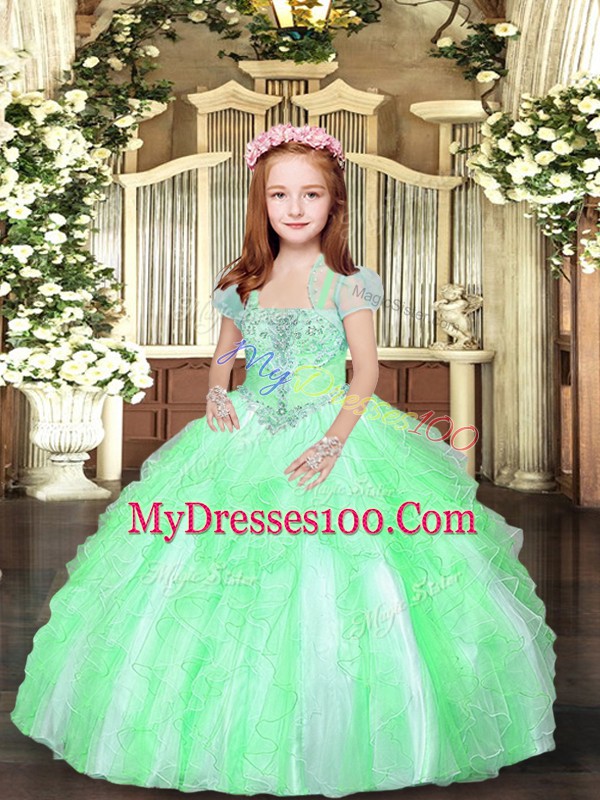 Beading and Ruffles Kids Pageant Dress Lace Up Sleeveless Floor Length