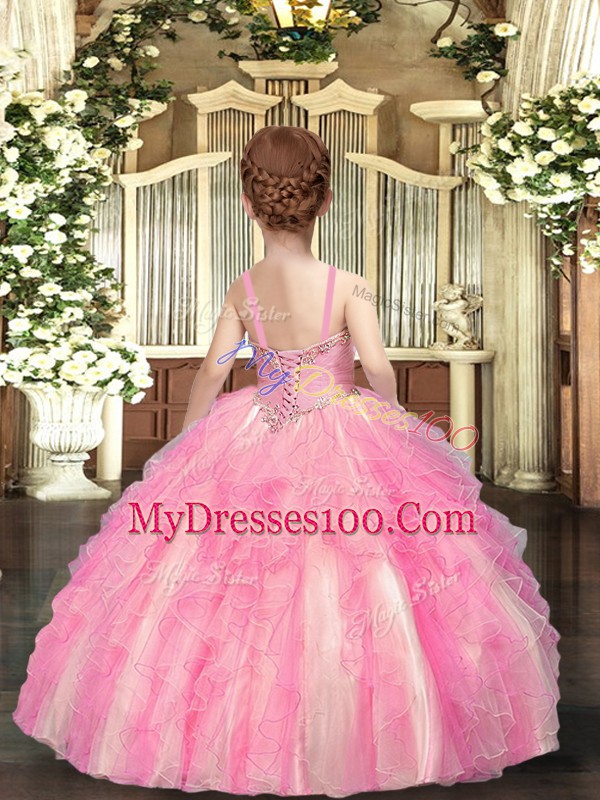 Beading and Ruffles Kids Pageant Dress Lace Up Sleeveless Floor Length