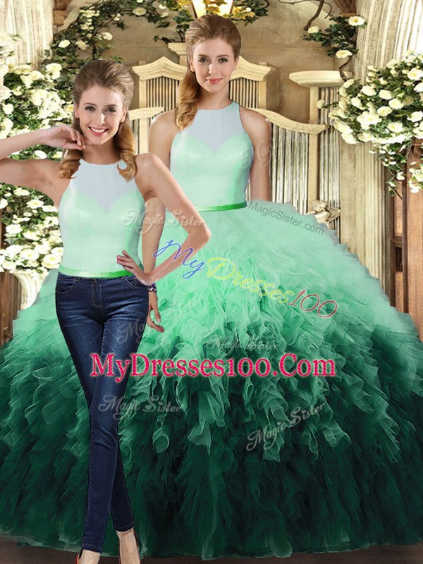 Customized Multi-color Two Pieces High-neck Sleeveless Tulle Floor Length Backless Ruffles Sweet 16 Dresses