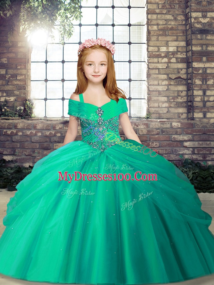 Sleeveless Floor Length Beading Lace Up Child Pageant Dress with Turquoise