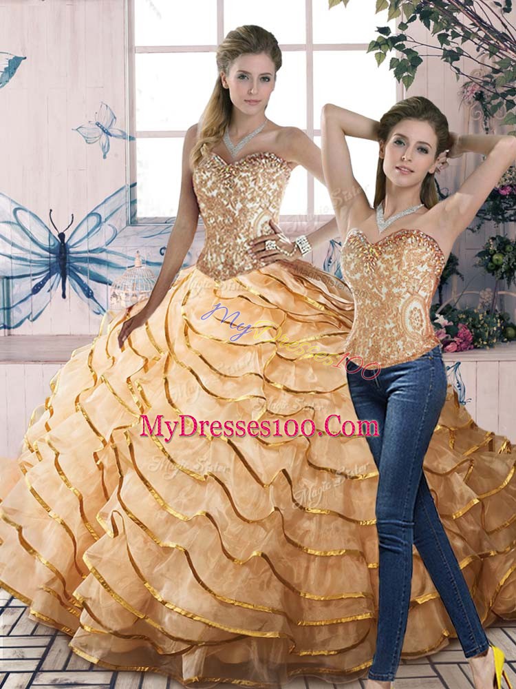 Fabulous Sleeveless Brush Train Beading and Ruffled Layers Lace Up Quince Ball Gowns