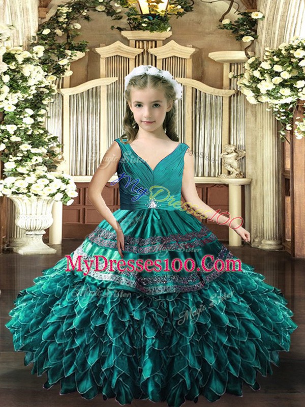 Sleeveless Organza Floor Length Backless Pageant Gowns For Girls in Teal with Beading and Appliques and Ruffles