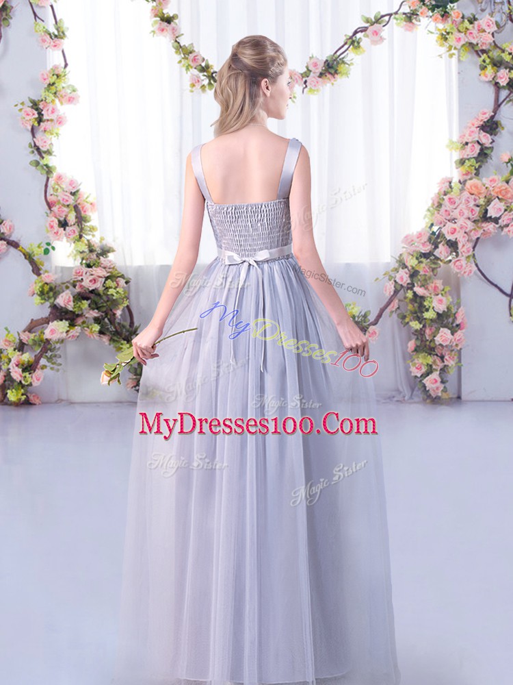 Light Blue Tulle Side Zipper Bridesmaid Gown Sleeveless Floor Length Lace and Belt