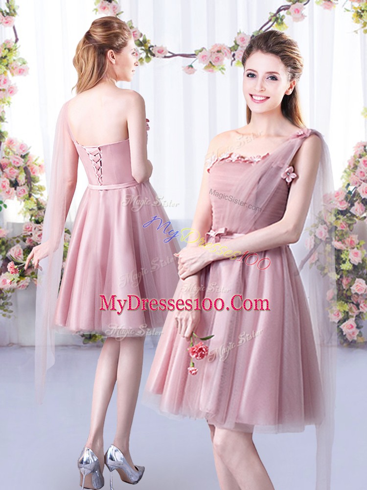 Perfect Sleeveless Tulle Knee Length Lace Up Vestidos de Damas in Pink with Appliques and Belt