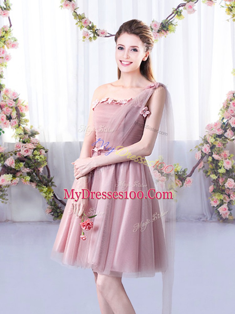 Perfect Sleeveless Tulle Knee Length Lace Up Vestidos de Damas in Pink with Appliques and Belt
