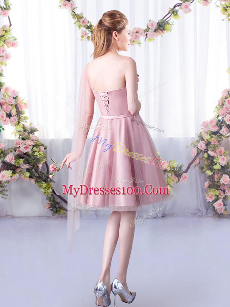 Perfect Sleeveless Tulle Knee Length Lace Up Vestidos de Damas in Pink with Appliques and Belt