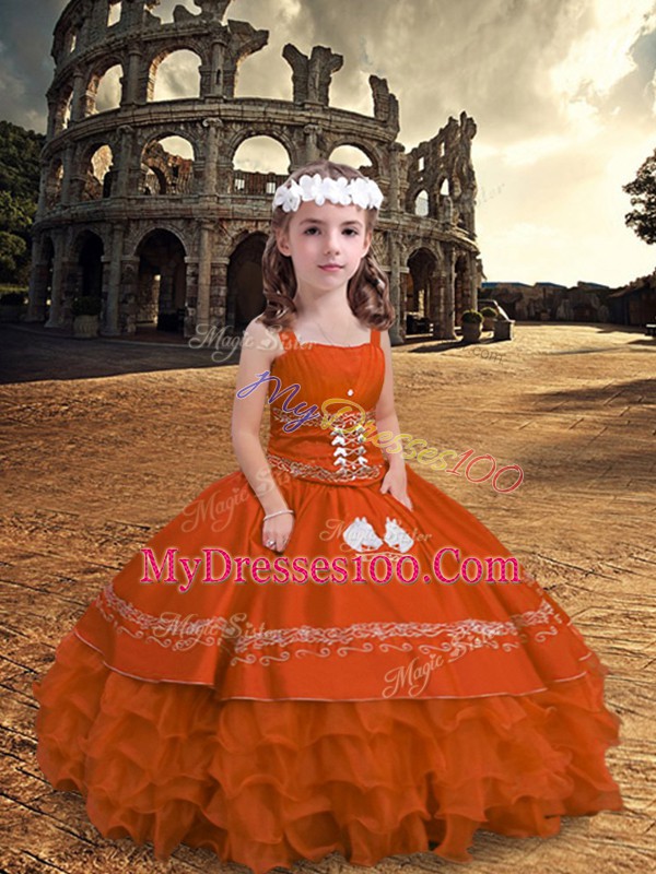 Hot Sale Orange Red Satin and Organza Zipper Straps Sleeveless Floor Length Kids Formal Wear Embroidery and Ruffled Layers