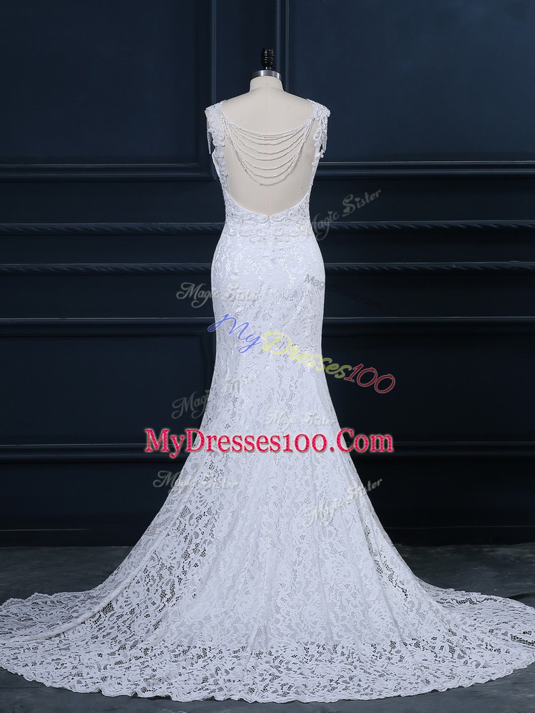 Cheap Sleeveless Lace Backless Wedding Gown with White Brush Train