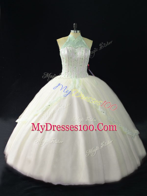 High Class White Halter Top Lace Up Beading 15th Birthday Dress Sleeveless