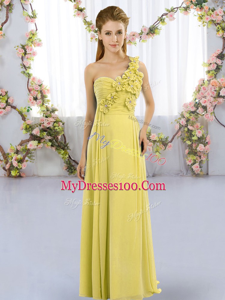Yellow Green One Shoulder Neckline Hand Made Flower Dama Dress for Quinceanera Sleeveless Lace Up