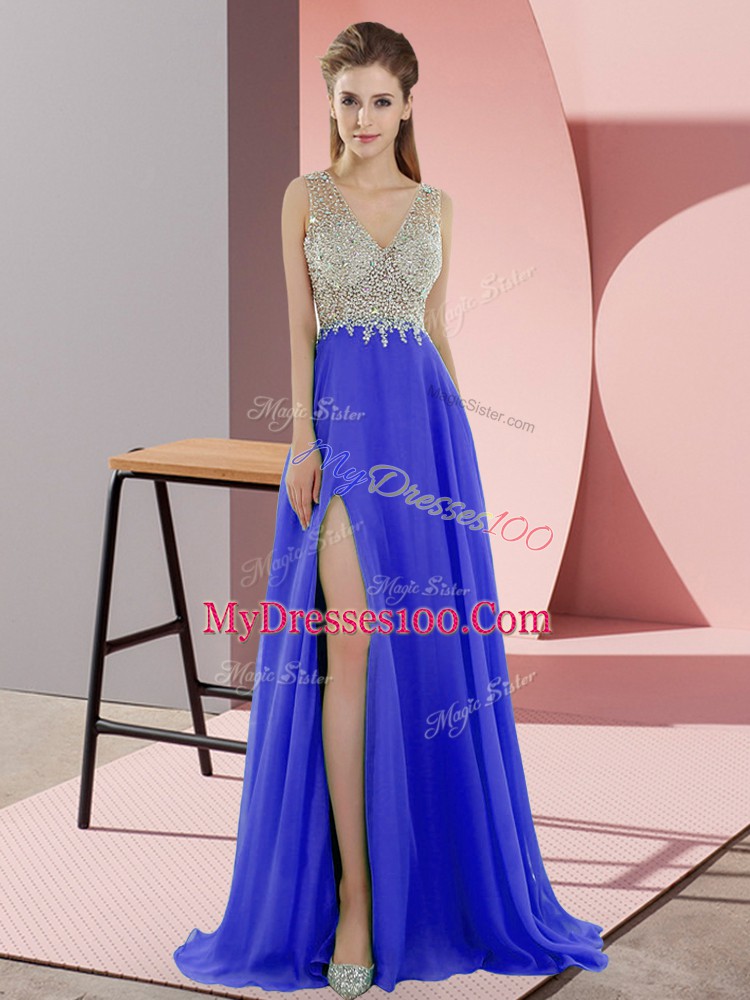 Noble V-neck Sleeveless Prom Dresses Sweep Train Beading Blue Chiffon