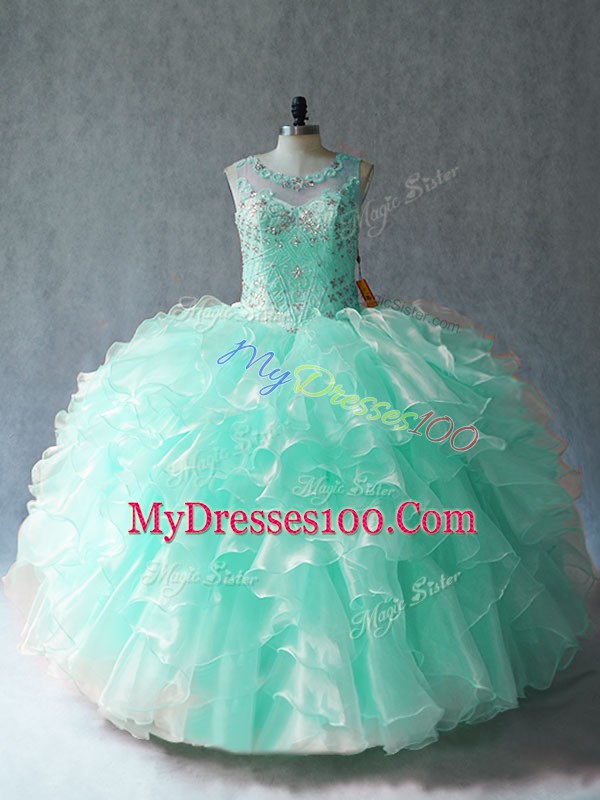 Cheap Sleeveless Organza Floor Length Lace Up Sweet 16 Dresses in Apple Green with Beading and Ruffles