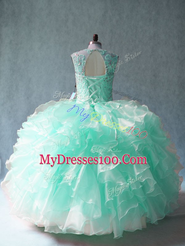 Cheap Sleeveless Organza Floor Length Lace Up Sweet 16 Dresses in Apple Green with Beading and Ruffles