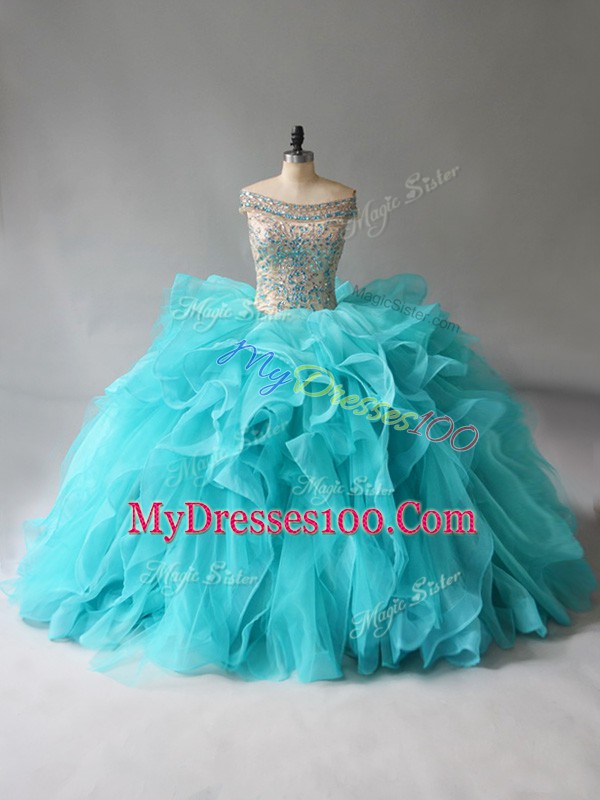 Off The Shoulder Sleeveless Brush Train Lace Up Sweet 16 Quinceanera Dress Aqua Blue Organza