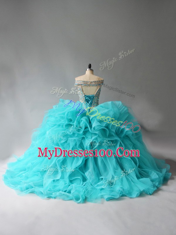 Off The Shoulder Sleeveless Brush Train Lace Up Sweet 16 Quinceanera Dress Aqua Blue Organza