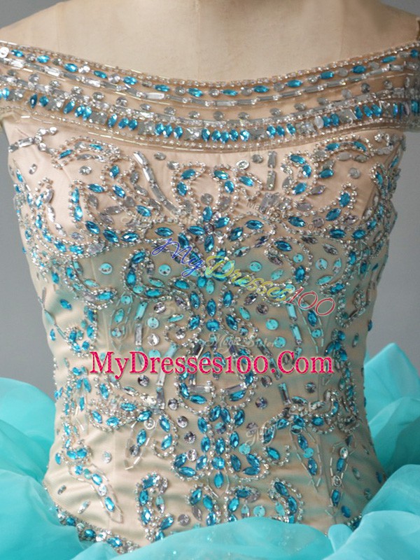 Off The Shoulder Sleeveless Brush Train Lace Up Sweet 16 Quinceanera Dress Aqua Blue Organza